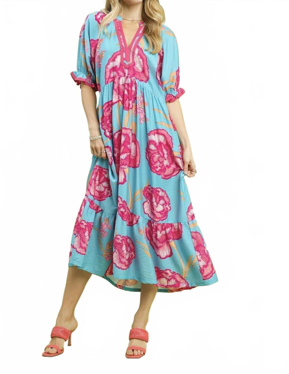 NEW UMGEE floral contrast trim midi dress in blue